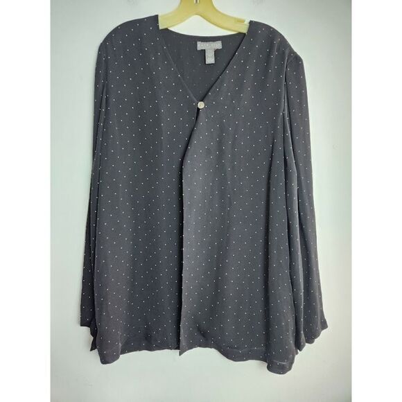 Kate Hill Lord & Taylor Black w/White Swiss Dot 100% Silk Open Blouse size Large - Picture 1 of 7